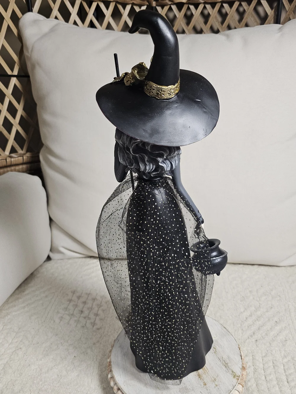 Elegant Gothic Witch Figurine Halloween Decor Black Gold Tulle Gown Broom